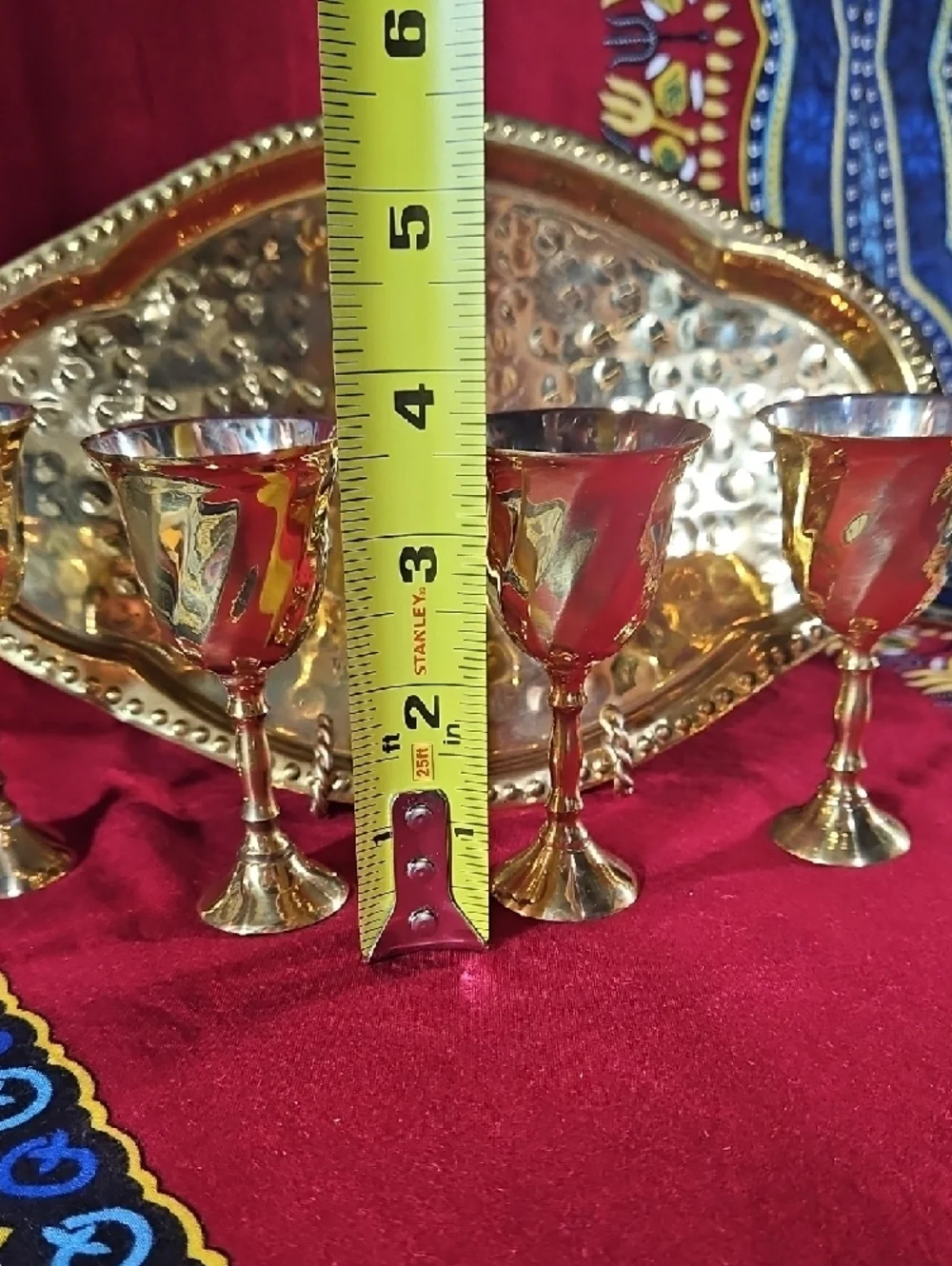 Brass Miniature Chalice Goblet Set with Tray - Made in India Vintage